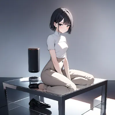 座る少女と浮遊デバイス