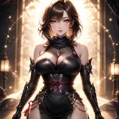輝く光に包まれる黒装の美女