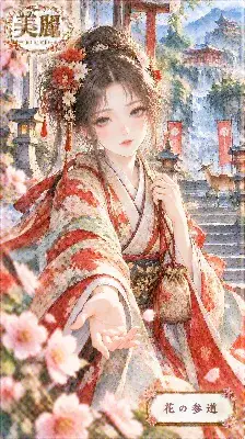 花の参道で手を差し伸べる美麗