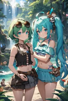 髑髏の髪飾りのミクとスチームパンクな水着のGUMI