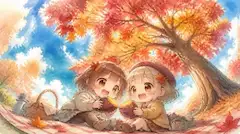 秋晴れのピクニックとほかほか焼き芋｜紅葉の下で微笑むちびキャラ少女の水彩画風アート