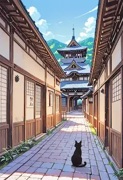 路地に佇む黒猫が見つめる山寺
