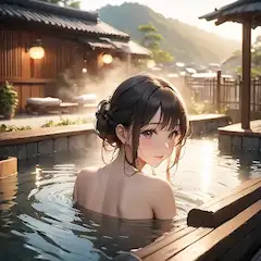 夕暮れの温泉に浸る少女