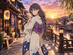 夕陽に微笑む着物少女