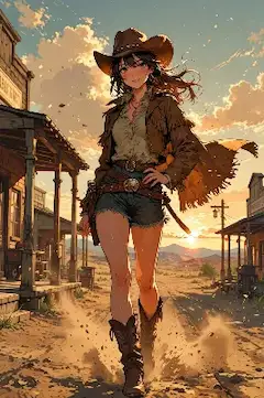 夕陽の道を歩くカウガール