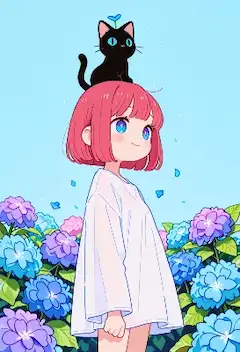 小さな黒猫と少女の紫陽花物語