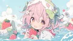 いちごの海で輝くピンクの笑顔