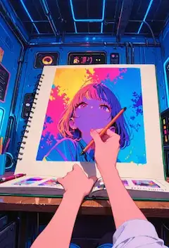 ネオン輝く部屋で描く幻の肖像