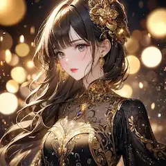 黄金の夜に輝く黒髪美女