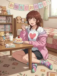 ケーキを美味しそうに食べている梨穂子さん