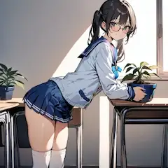 観葉植物の世話をする委員長