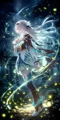 幻想的な夜の森と横顔のホタル