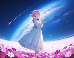 地球を背に、花を捧げる少女の願い