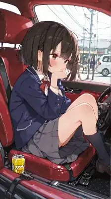 赤い車内の女子高生