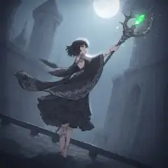 月下で杖を振り回す魔女