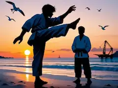 夕陽の砂浜で舞う空手の極み