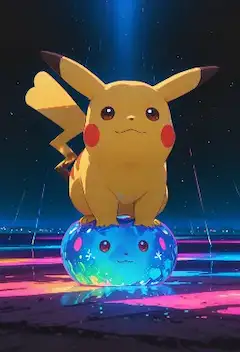 ピカチュウと光る球体の夜空冒険