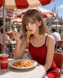 パークの赤いワンピース