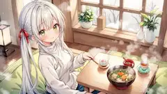 雪の窓辺で温まる少女のひと時