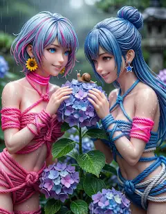 雨の紫陽花とロープの少女たち