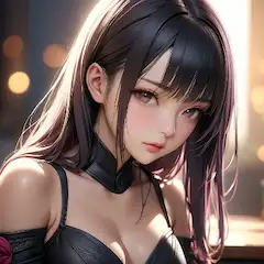 夕陽に輝く黒髪の美女