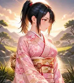 夕陽に輝く桜の着物