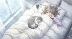 雪の朝、猫と少女の温かな目覚め