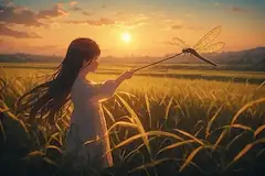 夕陽の田園で交わすトンボの約束