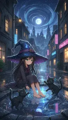 雨夜の魔女と猫たちの秘密の戯れ
