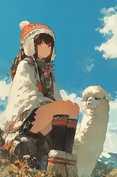 高原の少女とアルパカ