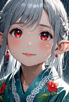 雨に濡れた銀髪エルフの微笑み