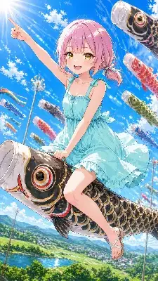 鯉のぼり少女の空高く冒険