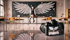 黒板の翼少女とカメラ