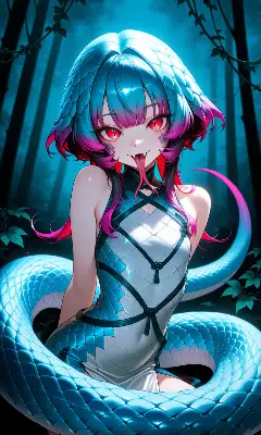月夜の森に輝く蛇娘の微笑み