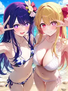 星野アイ👗🎤と星野ルビー👗🎤が、  ビーチ🏖で ピース