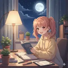 フロアランプ付きの勉強机で勉強する可愛い女子