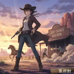 最後の酒場で銃を構える女ガンマン