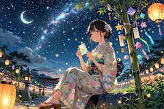 星空の竹飾りに願いを託す夏の夜