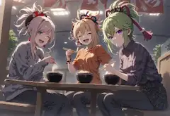 美味しいうどんを食べる3人です！