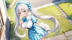 青いリボンの少女、風に舞う庭で