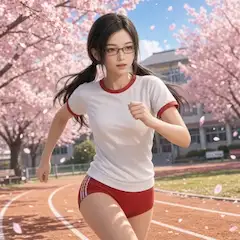 桜舞うトラックを駆ける眼鏡少女