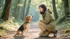 秘密の会話：ビーグル犬と森の散策
