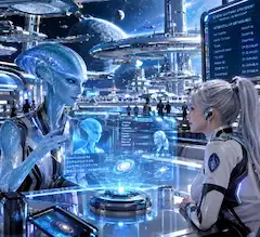 超多言語翻訳ホログラムフィルターシステムが搭載された通信機器や携帯端末と通常の宇宙通信機器のホログラム”会話”システムでの”会話”。