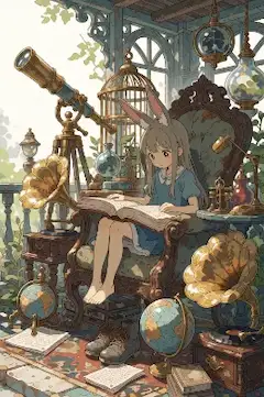 古い望遠鏡とウサギ耳の読書