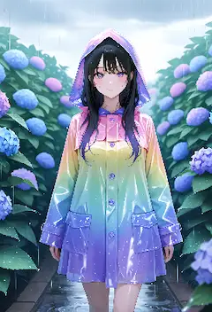 虹色のレインコートと紫陽花の雨
