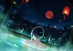 血月夜の湯に集う妖影