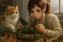 猫と少女の冬のリース作り