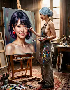 絵師　蘭さん、美咲さんを描く