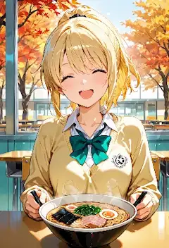 秋の学食で笑顔のラーメンタイム