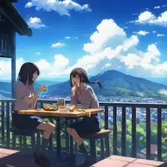 眺めのいいテラスで二人でランチ